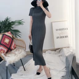 TIANPEI Miyake Pleated Women Dress Summer Elegant Casual Korean Basic Turtleneck Short Sleeve Long Dress Aesthetic Clothes