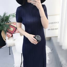 TIANPEI Miyake Pleated Women Dress Summer Elegant Casual Korean Basic Turtleneck Short Sleeve Long Dress Aesthetic Clothes