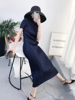 TIANPEI Miyake Pleated Women Dress Summer Elegant Casual Korean Basic Turtleneck Short Sleeve Long Dress Aesthetic Clothes