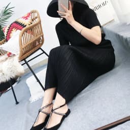 TIANPEI Miyake Pleated Women Dress Summer Elegant Casual Korean Basic Turtleneck Short Sleeve Long Dress Aesthetic Clothes