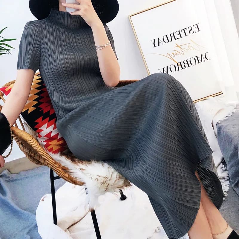 TIANPEI Miyake Pleated Women Dress Summer Elegant Casual Korean Basic Turtleneck Short Sleeve Long Dress Aesthetic Clothes