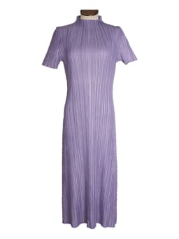 TIANPEI Miyake Pleated Women Dress Summer Elegant Casual Korean Basic Turtleneck Short Sleeve Long Dress Aesthetic Clothes