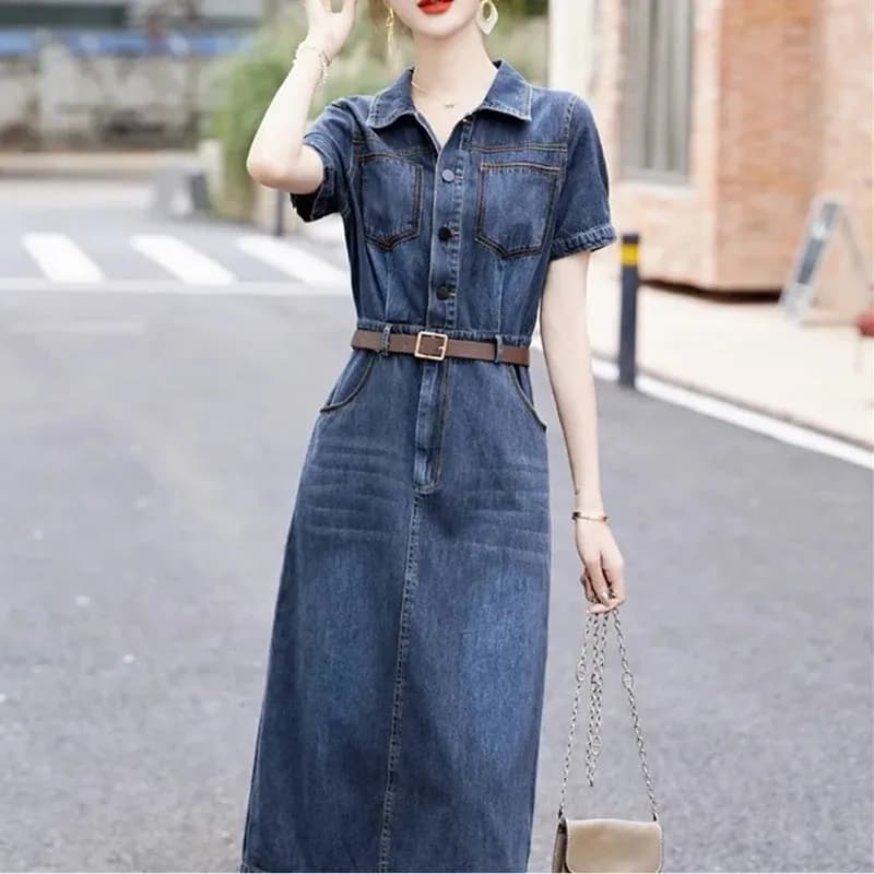 Short sleeved Denim Shirt Dress 2026 Women's New Summer Temperament Slim Dress With belt Casual Clothing