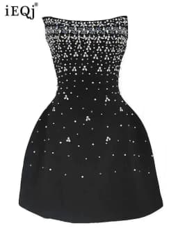 IEQJ French Style Diamond Spliced Party Mini Dresses For Women Slash Neck Sleeveless High Waist Black Female Dress 2026 3WQ6859