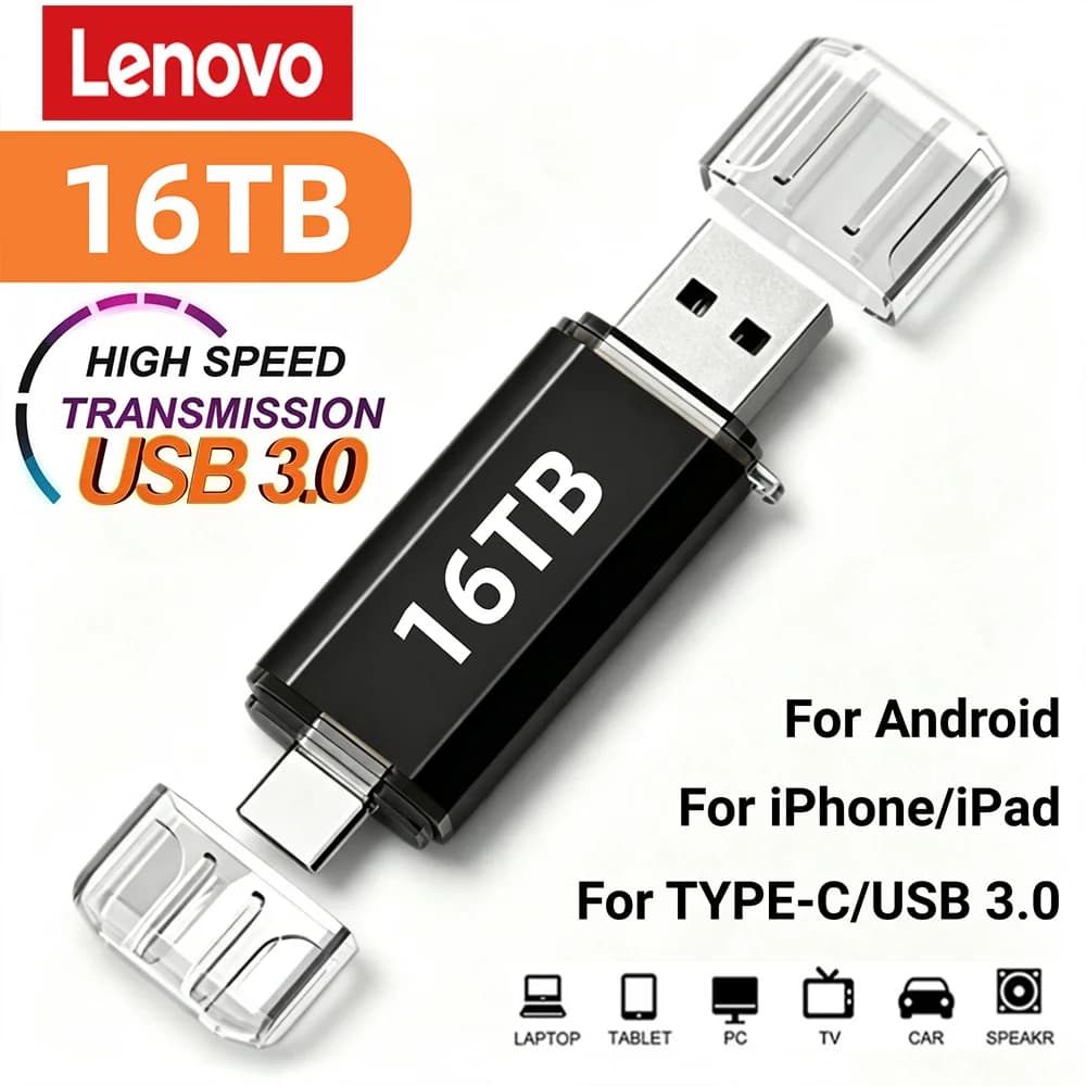 Lenovo 16TB 2 In 1 OTG USB Flash Drive 3.0 Type C 8TB 2TB Pendrive For iPhone Huawei Xiaomi Android Laptop Memory Stick