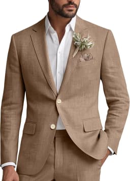 Linen Suit for Men 2 Piece Classic Fit Mens Linen for Beach Wedding Casual Blazer Pant Prom