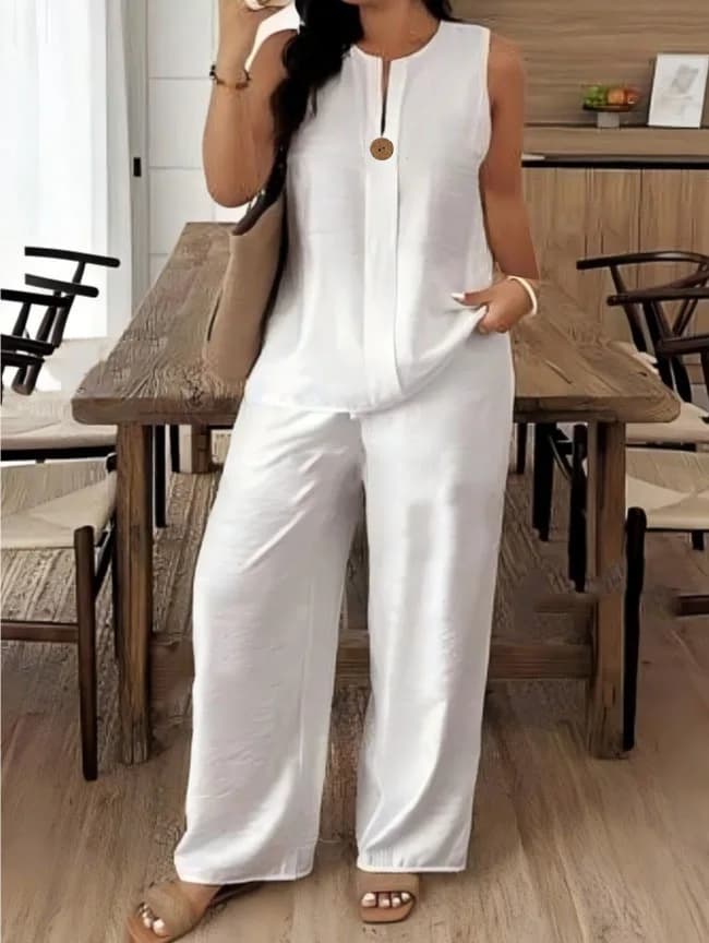 Summer Women Fashion 2 Piece Set Solid Button Tank Tops & Vintage HIgh Elastic Waist Pants Sets Female Chic Pants Suit Outfits