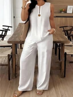Summer Women Fashion 2 Piece Set Solid Button Tank Tops & Vintage HIgh Elastic Waist Pants Sets Female Chic Pants Suit Outfits