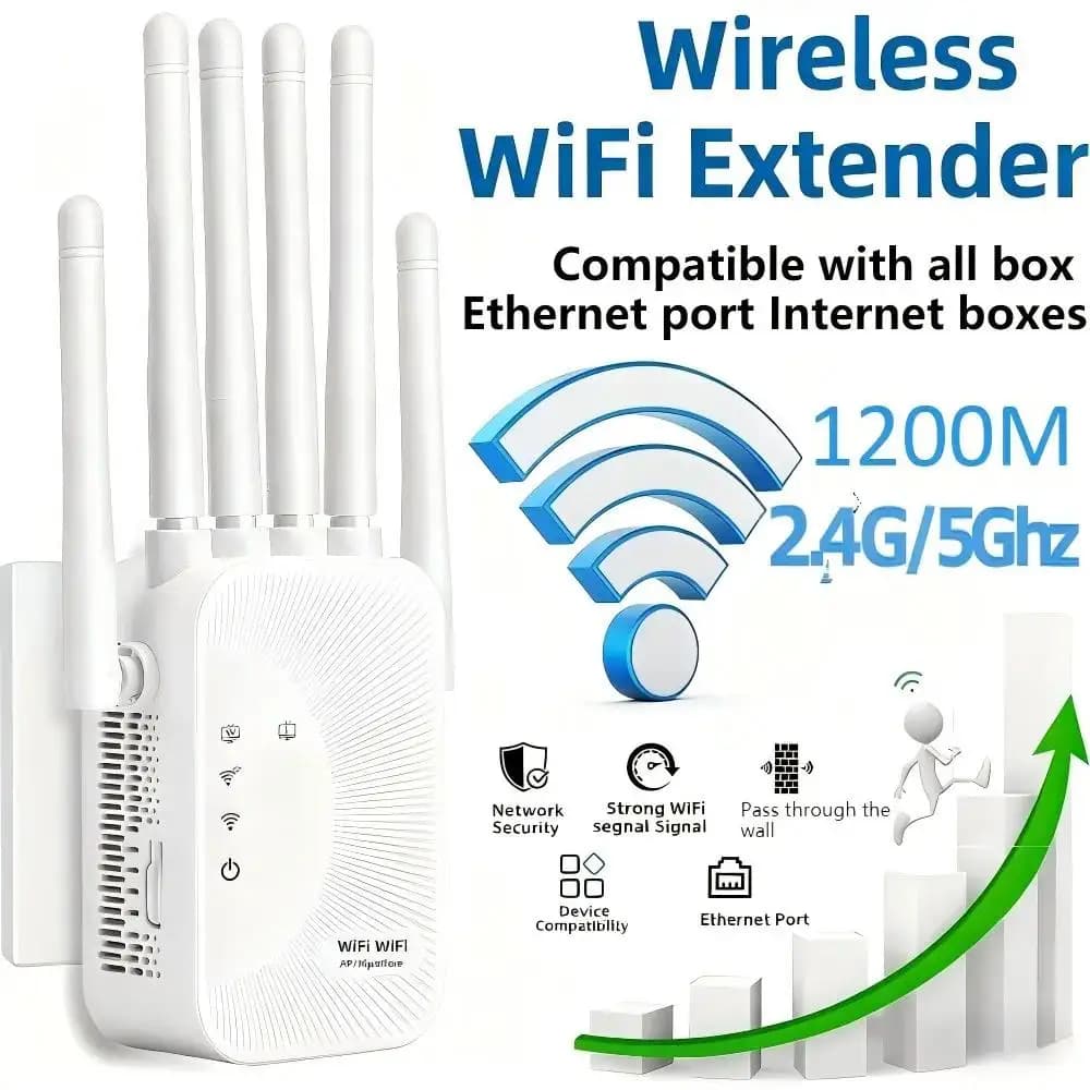 1200Mbps WiFi Repeater Dual Band 5G/2.4GHz Wireless Range Extender Signal Booster Network Amplifier for Whole Home Coverage