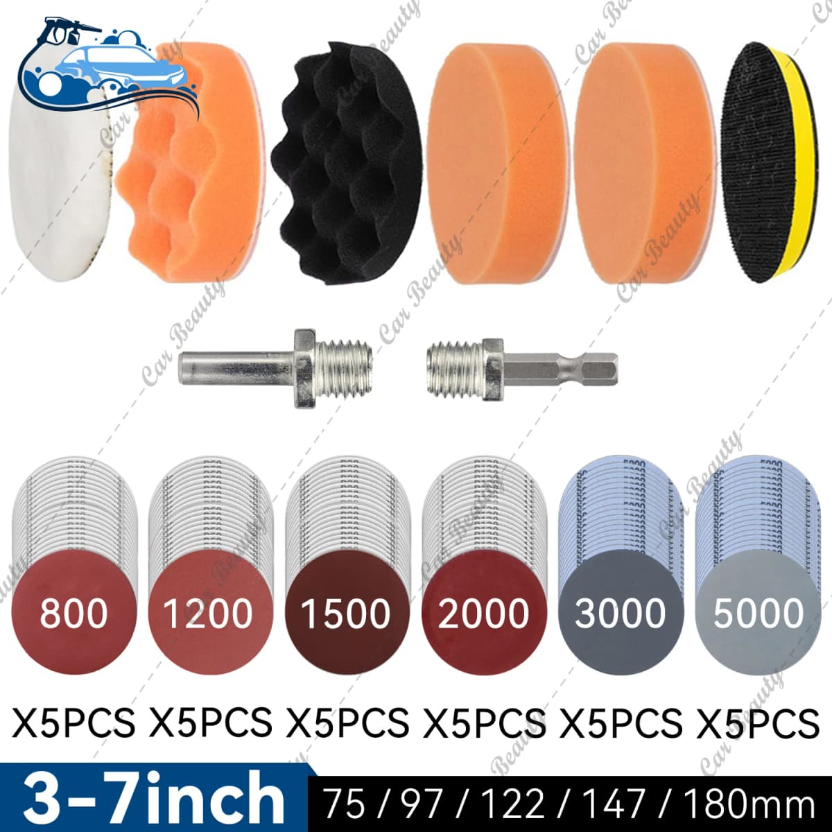 3 4 5 6 7 Inch Car Detailing Waxing Sponge Kit Sandpaper Disc Pad With M10 M14 Hex Drill Adapter for Auto Headlight Polishing
