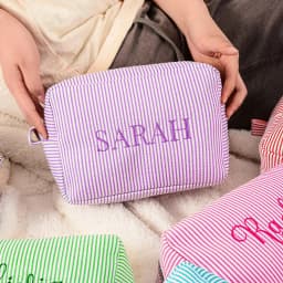 Personalized Striped Makeup Bag Custom Name Embroidery Cosmetic Pouch Travel Toiletry Organizer Gift for Women Girls Bridesmaid
