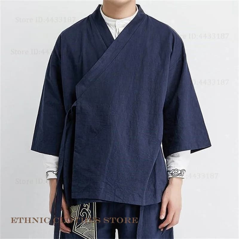 Plus Size Men's Kimono Cardigan Jacket Cotton Linen Japanese Yukata Haori Loose Open Front Hanfu Coat Samurai Costume Streetwear