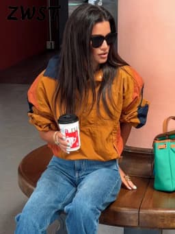 Elegant Contrast Jacket Women Loose Full Sleeve Stand Collar Button Jackets Female 2026 Fashion Autumn Outwear Lady
