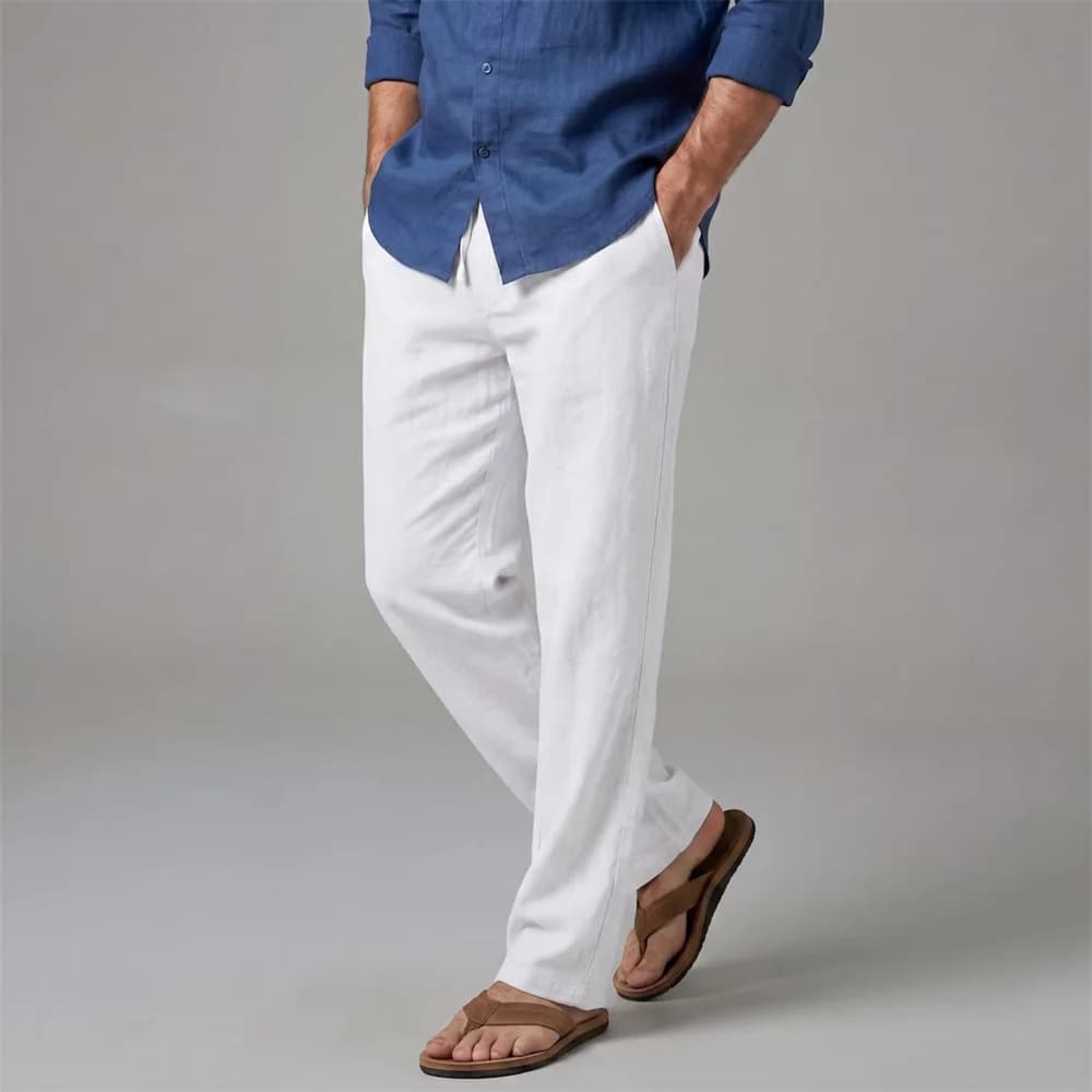 Men's Cotton Linen Suit Pants Elastic Waist Solid Color Breathable Lightweight Old Money Casual Business Straight Leg Pants