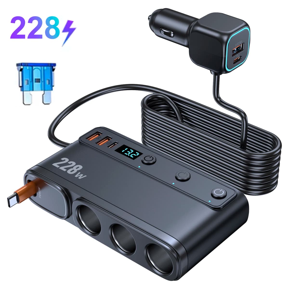 228W 9 in 1 Car Charger Adapter Charge Independent Switches PD36W/45W QC3.0 18W 3 Socket Cigarette Lighter Splitter with Voltage