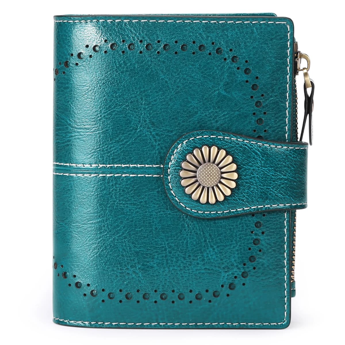 New Women RFID Blocking Genuine Leather Wallet Vintage Sunflower Buckle Short Purse 16 Card Slots ID Window Zipper Female Wallet