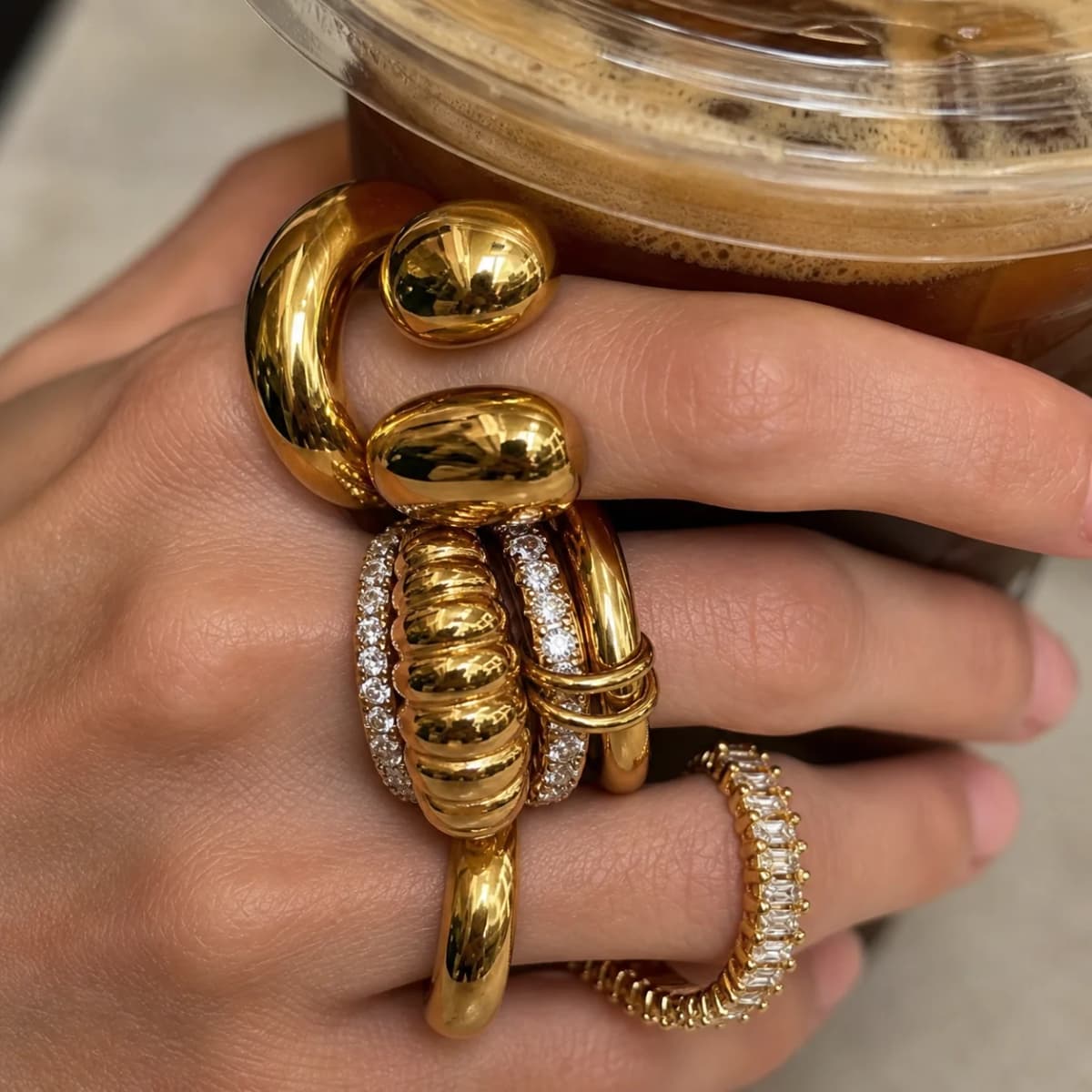 Ingemark Luxury Stainless Steel 18K PVD Gold Plated Rings for Women Shiny Zircon Stackable Open Rings Waterproof Jewelry Gifts