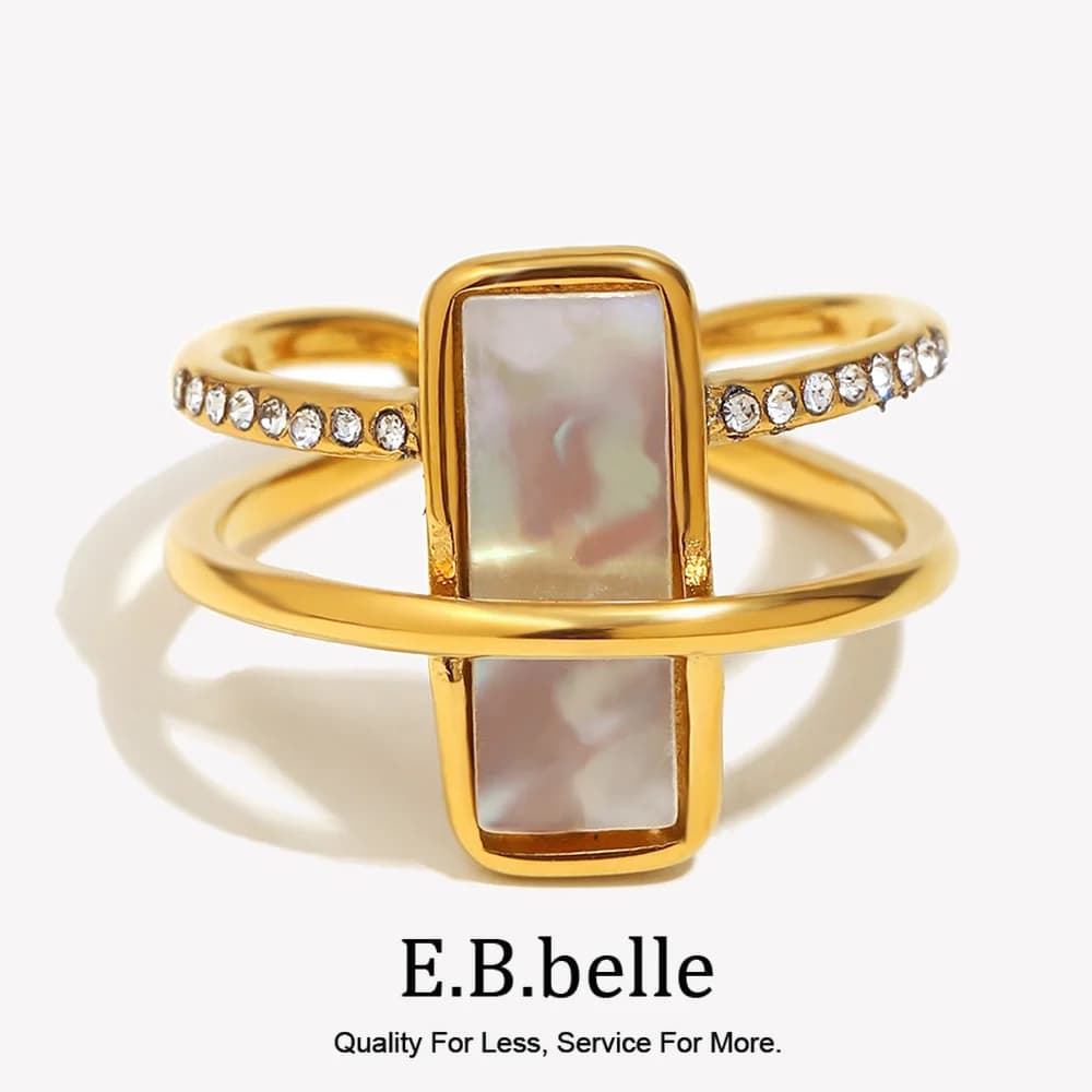 E.B.belle Double Layers Luxury Rhinestone White Rectangle Shell Cuff Ring Stainless Steel Women Party Dating Jewelry Accessories