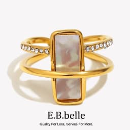 E.B.belle Double Layers Luxury Rhinestone White Rectangle Shell Cuff Ring Stainless Steel Women Party Dating Jewelry Accessories