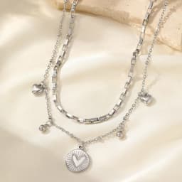woiwoi Stainless Steel Necklace Luxury Exquisite Peach Heart Double Layer Bone Chain Ladies Jewelry Birthday Anniversary Gift