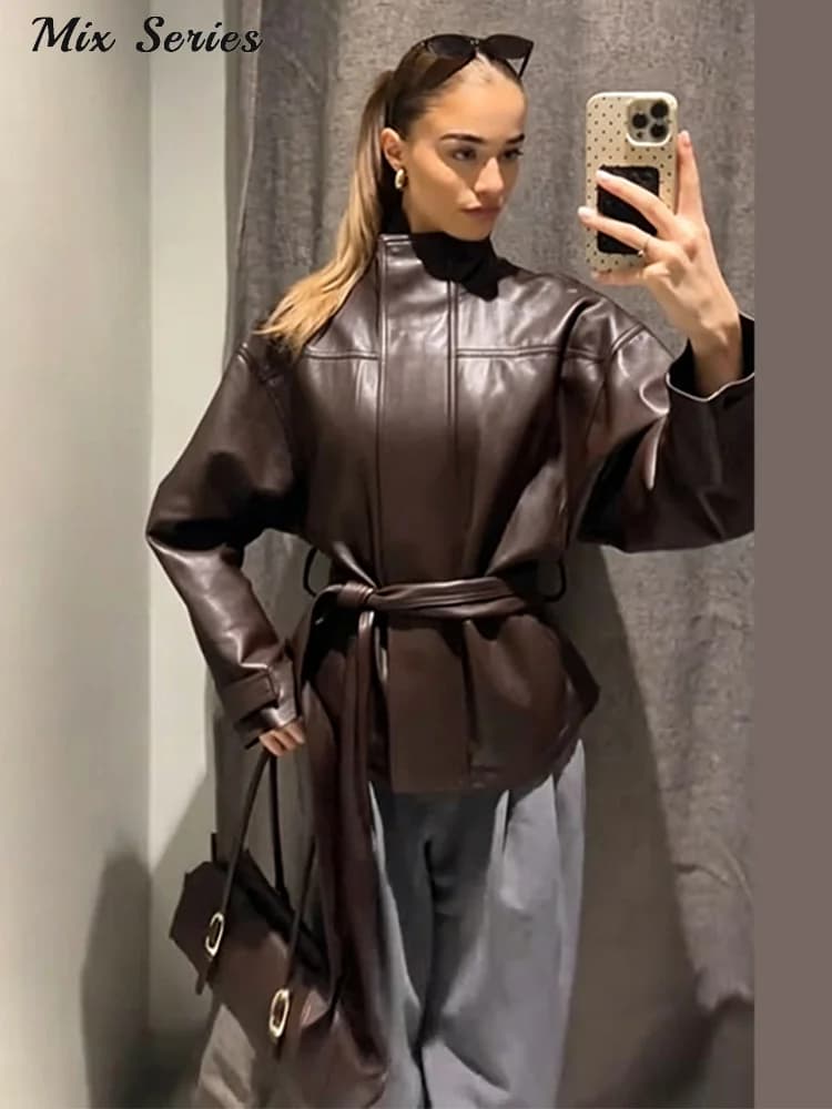 Fashion Solid Faux Leather Jackets Women's Stand Collar Full Sleeves Belted Jacket 2026 Autumn New Lady Casual Streetwear