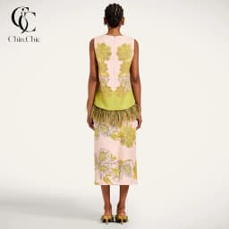 Feather Fringe Floral Print Women's 2Pcs Skirt Sets Sleeveless Top High Waist Midi Skirt Elegant Vacation Party Matching Outfit