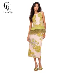 Feather Fringe Floral Print Women's 2Pcs Skirt Sets Sleeveless Top High Waist Midi Skirt Elegant Vacation Party Matching Outfit