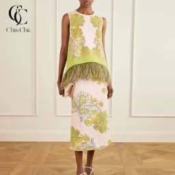 Feather Fringe Floral Print Women's 2Pcs Skirt Sets Sleeveless Top High Waist Midi Skirt Elegant Vacation Party Matching Outfit