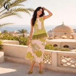 Feather Fringe Floral Print Women's 2Pcs Skirt Sets Sleeveless Top High Waist Midi Skirt Elegant Vacation Party Matching Outfit