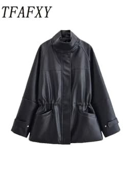 TFAFXY Women Leather Jacket Black Long Sleeve Zippers Pocket Stand Collar Female Coat 2026 Spring Autumn Lady New Outwear Y2K