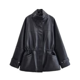 TFAFXY Women Leather Jacket Black Long Sleeve Zippers Pocket Stand Collar Female Coat 2026 Spring Autumn Lady New Outwear Y2K
