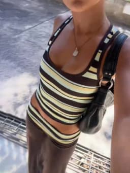 Women's Two Piece Outfit Striped Ribbed Crop Tank Top Brown Low Waist Flare Pants Y2k Sleeveless Wide Leg Trousers Matching Set