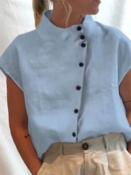 Elegant Cotton Linen Stand Neck Shirt Female 2026 Summer Simple Style Single Breasted Cardigan Tops Women's Casual Loose Blouse