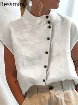 Elegant Cotton Linen Stand Neck Shirt Female 2026 Summer Simple Style Single Breasted Cardigan Tops Women's Casual Loose Blouse