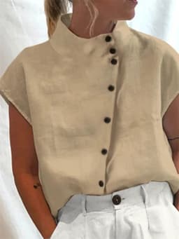 Elegant Cotton Linen Stand Neck Shirt Female 2026 Summer Simple Style Single Breasted Cardigan Tops Women's Casual Loose Blouse