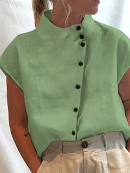 Elegant Cotton Linen Stand Neck Shirt Female 2026 Summer Simple Style Single Breasted Cardigan Tops Women's Casual Loose Blouse