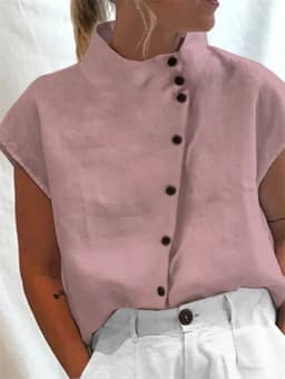 Elegant Cotton Linen Stand Neck Shirt Female 2026 Summer Simple Style Single Breasted Cardigan Tops Women's Casual Loose Blouse