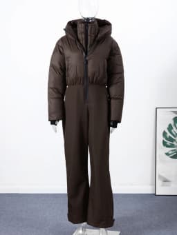 Fashion Hooded Women's Skiwear Jumpsuits Stand Collar Zipper Long Sleeve High Waist Cotton Jumpsuit 2026 Winter Warm Romper