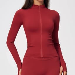 Women's Seamless Long Sleeve Yoga Top Ribbed High Neck Full Zip Slim Fit Sports Jacket Thumb Hole Workout Gym Running Activewear
