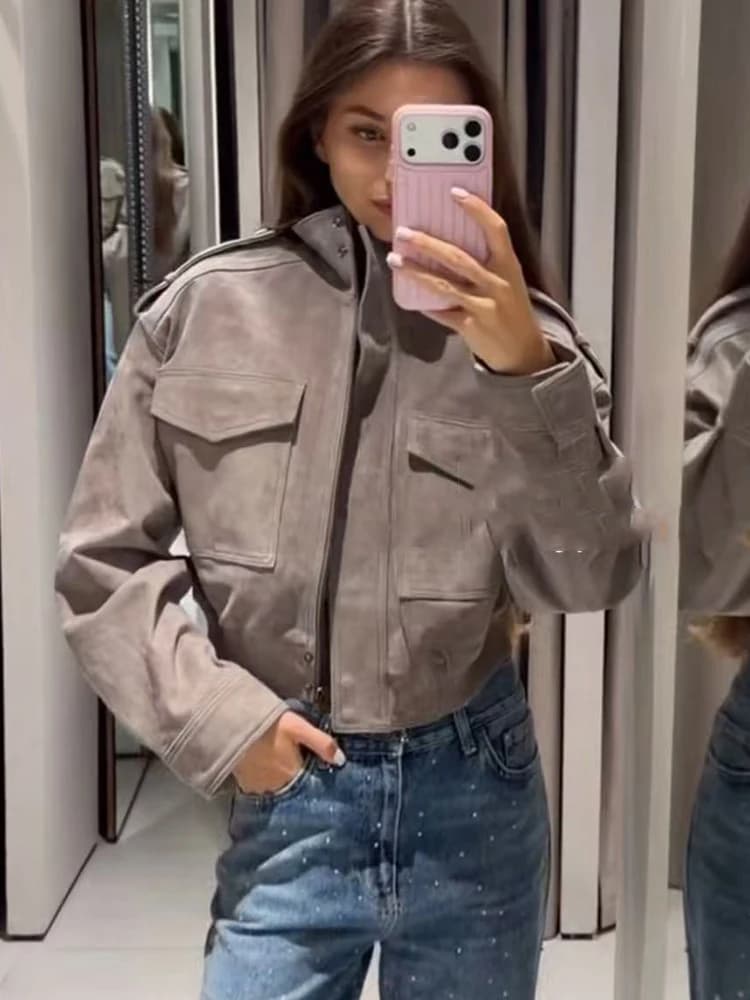 2026 Women Short Jacket Stand Collar Zip Up Flap Pockets Faux Suede Jackets Fashion Autumn New Vintage Loose Solid Jackets