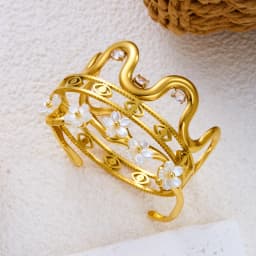 Exquisite Stainless Steel Cuff Bracelets For Women Gold Plated Evil Eye Zircon Wavy Shell Flower Open Bangle Waterproof Jewelry