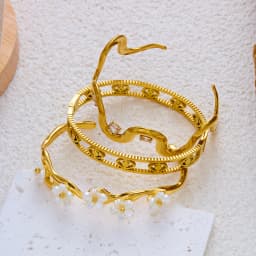 Exquisite Stainless Steel Cuff Bracelets For Women Gold Plated Evil Eye Zircon Wavy Shell Flower Open Bangle Waterproof Jewelry