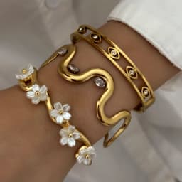 Exquisite Stainless Steel Cuff Bracelets For Women Gold Plated Evil Eye Zircon Wavy Shell Flower Open Bangle Waterproof Jewelry