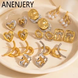 ANENJERY 316L Stainless Steel Heart Geometry Lines Bowknot Pearl Earrings For Women Luxury Vintage French Jewelry Gift Wholesale