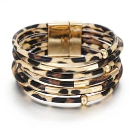Vintage Metal Tube Leopard Leather Bracelet For Women Men Boho Multilayer Wrap Wide Bracelet Charm Jewelry