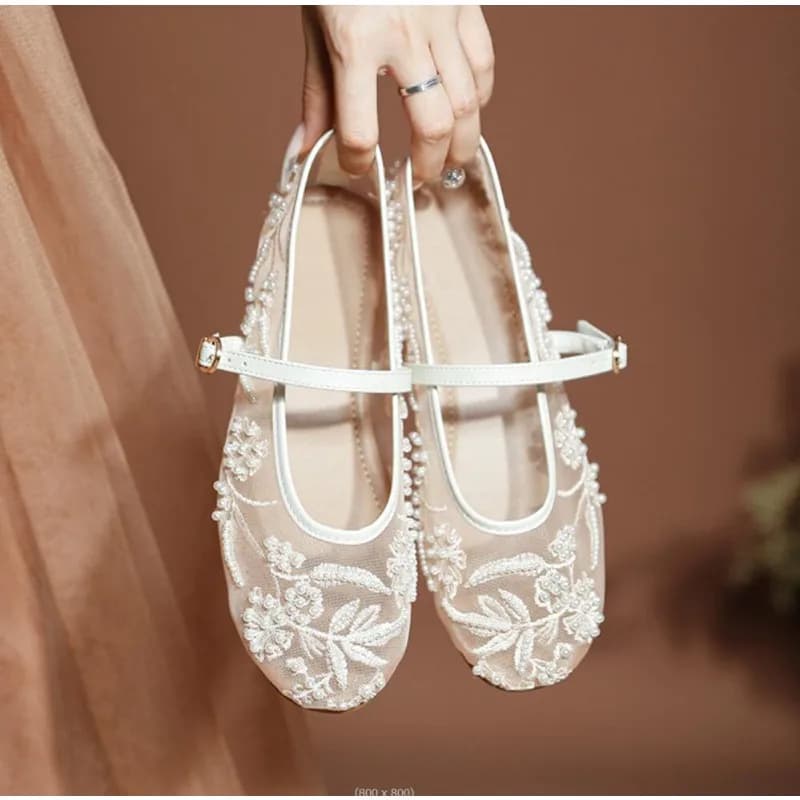 Mesh Embroidery String Bead Design Women Ballet Flats Fashion Buckle Breathable Mary Jane Shoe Comfort Low Heel Soft Flat Sandal