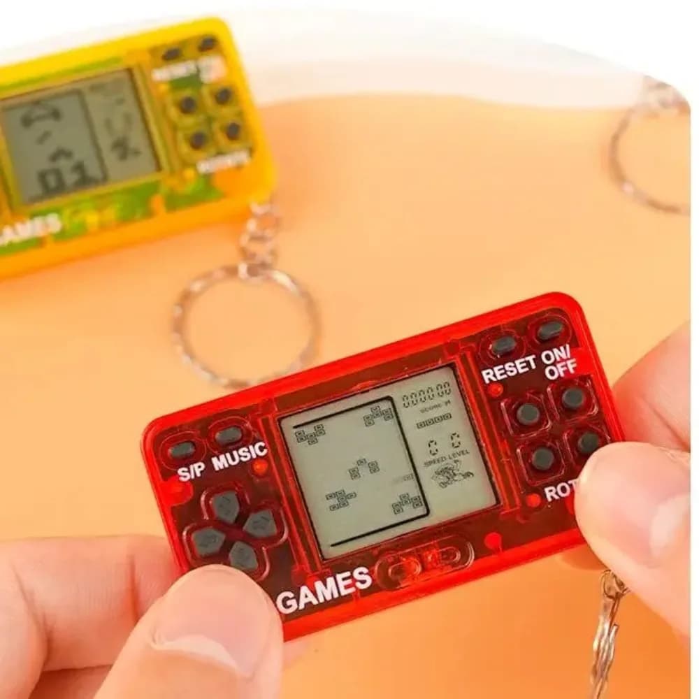 Blue Mini Retro Handheld Game Console Keychain Cute Backpack Pendant with Bells Novelty Gaming Keyring