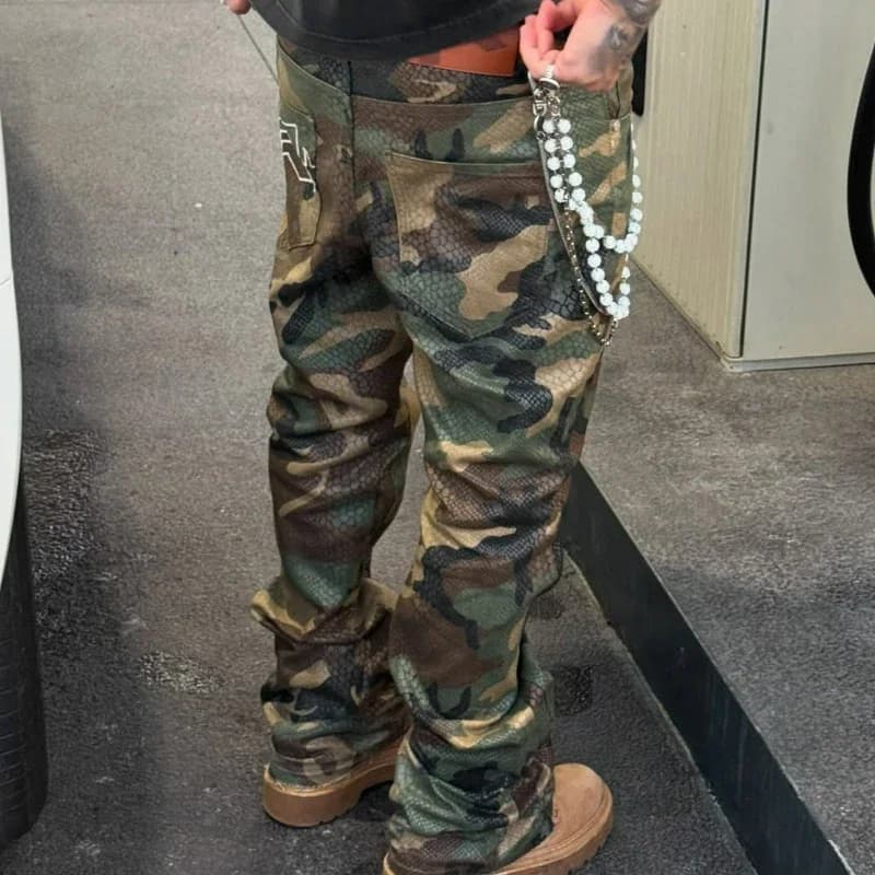 Y2K Retro Streetwear Python Camo Snake PatternJeans Glossy Coating Snake Denim Pants New Hip Hop Unisex Baggy Straight Leg Pants