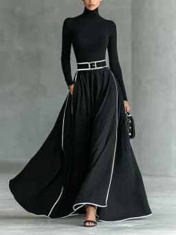 Women Elegant Turtleneck Maxi Dress Striped Print With Pockets Tight Belt Long Skirt Dresses Long Sleeve Office Party Dresses