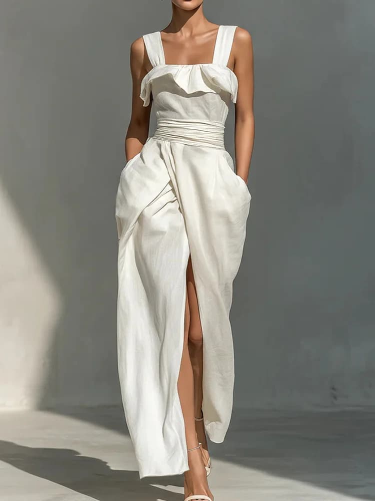 Women Summer Sleeveless Maxi Dress Elegant Split Halter Neck Chic Party Dress Solid Color Simple Fashion Streetwear for Holiday